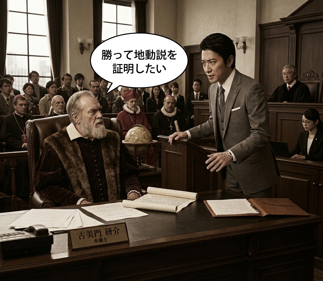 timeleap_take's tweet photo. 裁判の弁護を古美門研介に依頼しようと決意するガリレオ・ガリレイ
「勝って地動説を証明したい」

#現代に迷い込んだ偉人 #ガリレオ・ガリレイ信 #地動説 #リーガルハイ #AI画像 https://t.co/TaWZPHDz5q