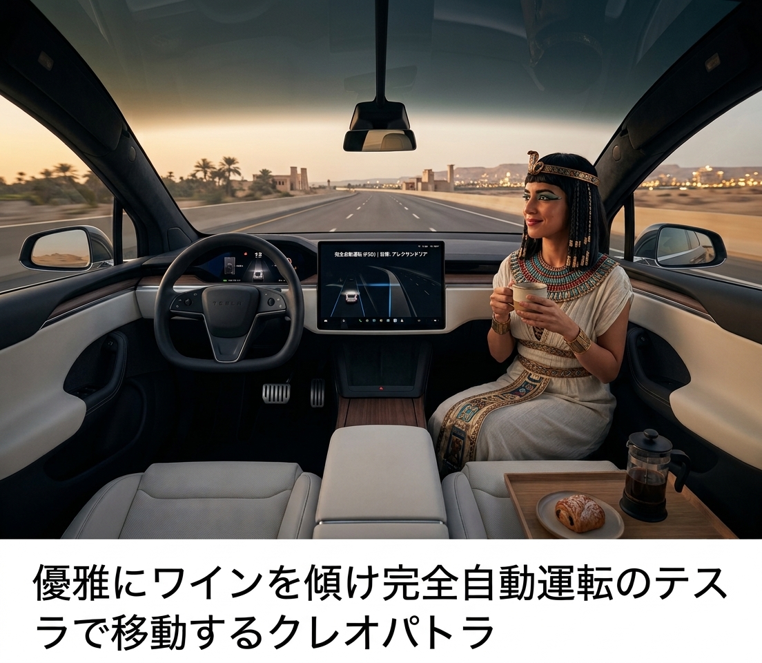 timeleap_take's tweet photo. 優雅にワインを傾け完全自動運転のテスラで移動するクレオパトラ
「ラクダより静かで快適ね」

#現代に迷い込んだ偉人 #クレオパトラ #テスラ #自動運転 #AI画像 https://t.co/UpYy7gdVIc