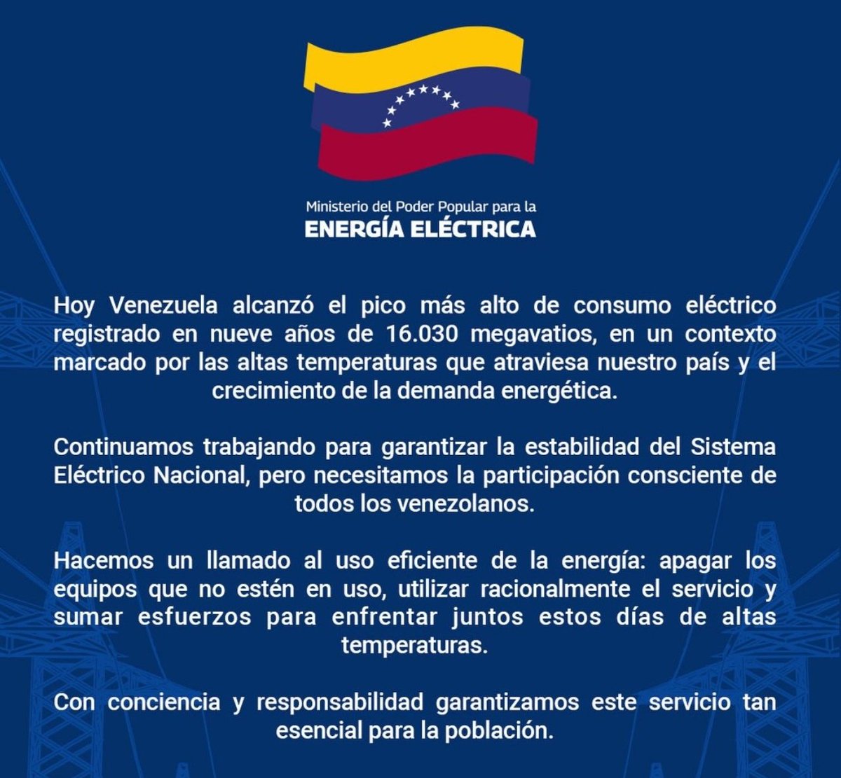 RobertLobo_'s tweet photo. #AHORA El Ministerio de Energía informa que hoy, Venezuela alcanzó el pico más alto de consumo eléctrico en los últimos nueve años. https://t.co/KS4ZLeewYo