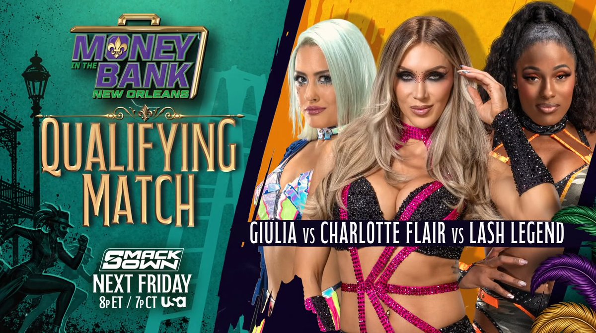 WrestleTalk_TV's tweet photo. Upcoming WWE Money in the Bank ladder match qualifiers:
- Finn Balor vs. CM Punk vs. GUNTHER
- La Catalina vs. Roxanne Perez vs. IYO SKY
- Giulia vs. Charlotte Flair vs. Lash Legend
- Dragon Lee vs. Solo Sikoa vs. Dominik Mysterio https://t.co/t9tZg2mDZL