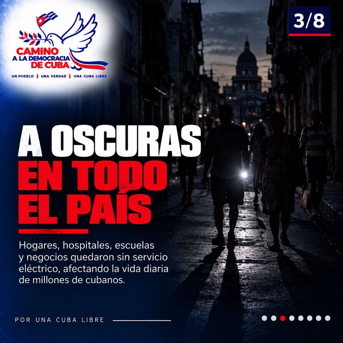 CamDemPac's tweet photo. 🚨 CUBA A OSCURAS: APAGÓN TOTAL

El colapso de la red eléctrica dejó a Cuba sin electricidad, afectando hogares, hospitales, escuelas y negocios. Una crisis energética que vuelve a golpear directamente al pueblo cubano.

🇨🇺 Cuba merece soluciones, servicios básicos confiables y un futuro digno.

Fuente: Embajada de Estados Unidos en La Habana — Alerta de Seguridad, 18 de septiembre de 2026.