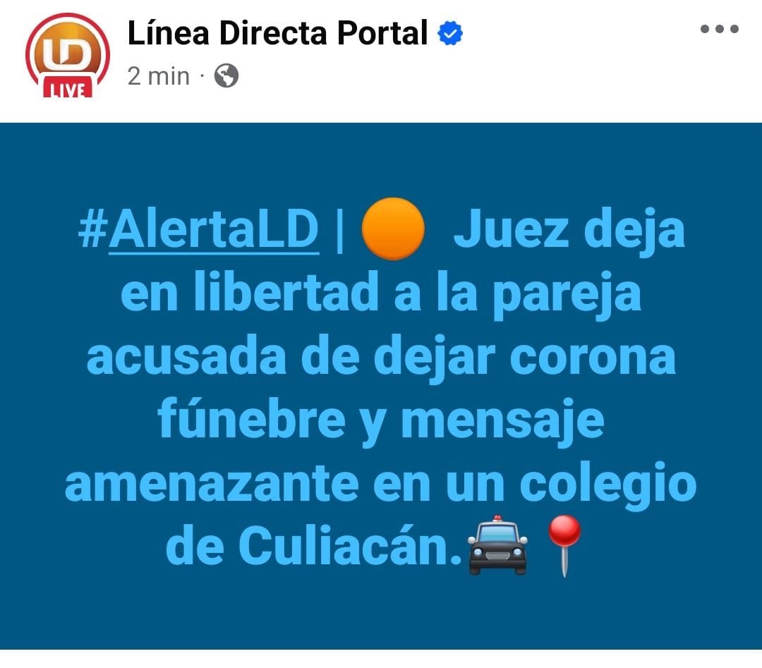 linea_directa's tweet photo. #AlertaLD | 🟠 Juez deja en libertad la pareja acusada de dejar corona fúnebre y mensaje amenazante en un colegio de Culiacán.🚔📍
Espere más información en unos momentos... https://t.co/Gh9FEDalL5