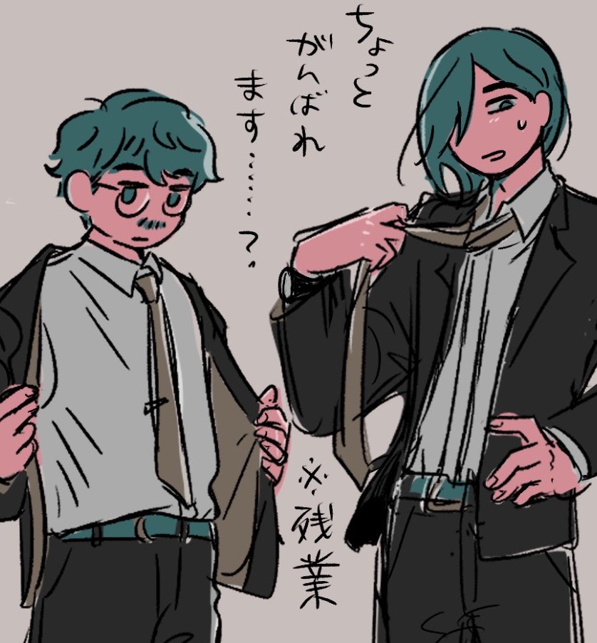 ookamitaho's tweet photo. 2人組で魂とりにくる人たち、みたいなのが描きたくて…の先日のラクガキ
（※デザイナーほのぼのコメディ） https://t.co/bfySKeQJI8
