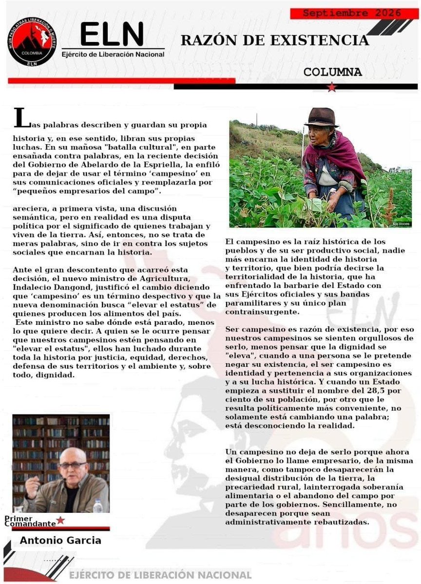 KaribeRespaldo's tweet photo. #19DeSeptiembre2026 | "RAZÓN DE EXISTENCIA" Comandante Antonio García | #ElELNNuncaSeraUnCartel

Ser campesino es razón de existencia, por eso nuestros campesinos se sienten orgullosos de serlo, cuando a una persona se le pretende negar su existencia.

👇
https://t.co/3o0URWOFA8 https://t.co/TYm3n9p6My
