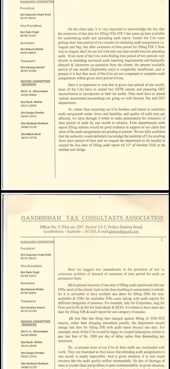 GIRIRAJMISHRA1's tweet photo. Gandhirham Tax Consultants Association Represent @IncomeTaxIndia For Tax Audit Due Date Extension upto 31st Oct, 2026 https://t.co/guCjI8Mi6U