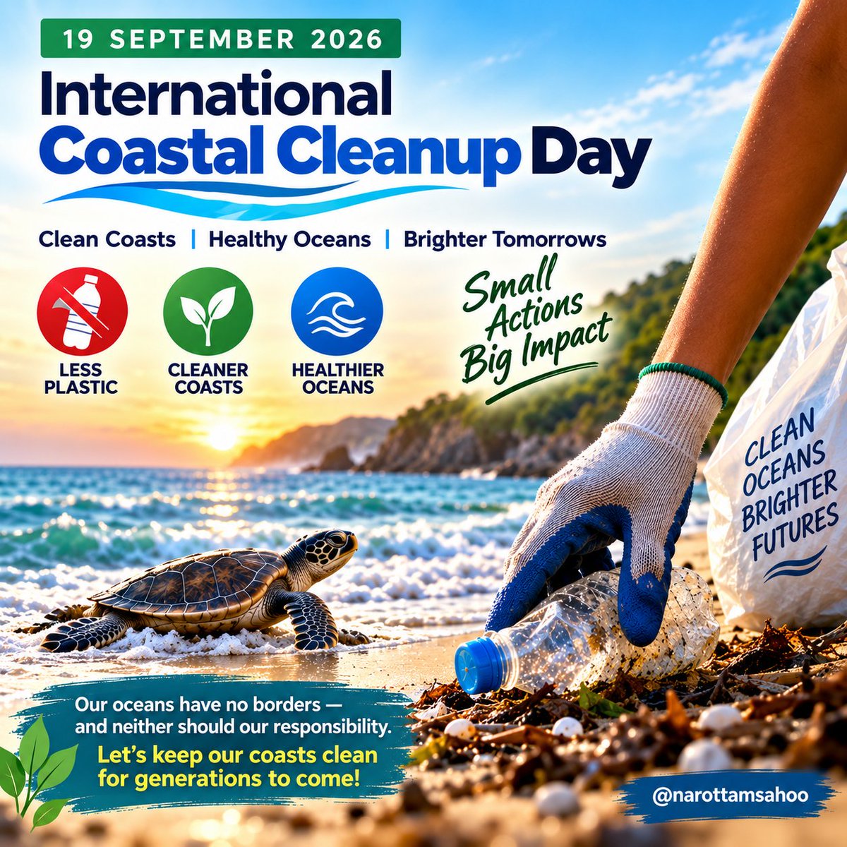 narottamsahoo's tweet photo. The #InternationalCoastalCleanupDay is being celebrated on 19 September 2026.

Our #oceans have no borders - and neither should our responsibility to protect them.

Every bottle we remove, every piece of plastic we prevent, and every shoreline we restore is a small step towards healthier #seas and a safer #planet.

Clean coasts. Healthy oceans. A #sustainable future.

Let’s turn concern into action, because every wave carries a message for generations to come.

@SciInteresting @PopSci @CuriousMindsHub @missionlife @mygovindia