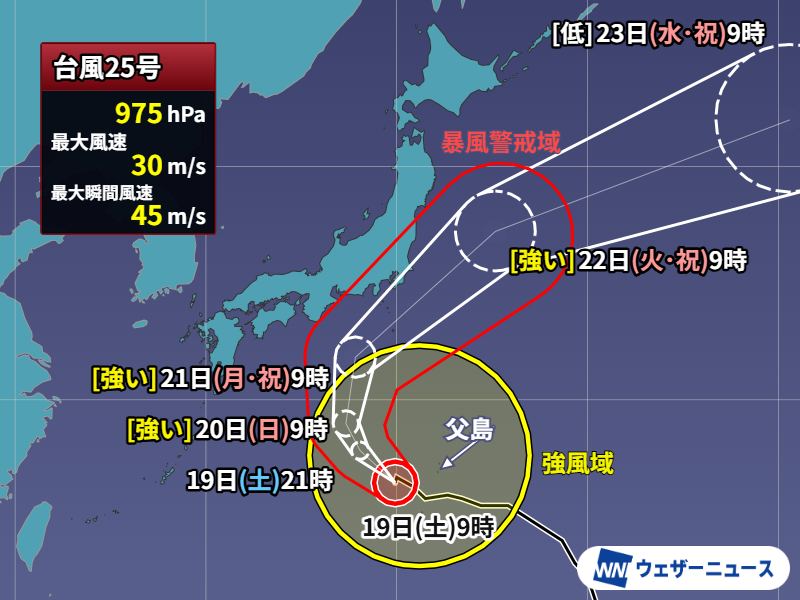 wni_jp's tweet photo. 【台風情報】
9月19日(土)9時現在、大型の台風25号(ドゥージェン)は暴風域を伴って小笠原諸島近海を西に進んでいます。
転向する地点が西寄りに変化し、関東に最接近するタイミングが昨日18日(金)の予想より12時間程度遅くなっています。今後の台風情報にご注意ください。
https://t.co/AbLTOdJStR https://t.co/hzYsWSH1ov
