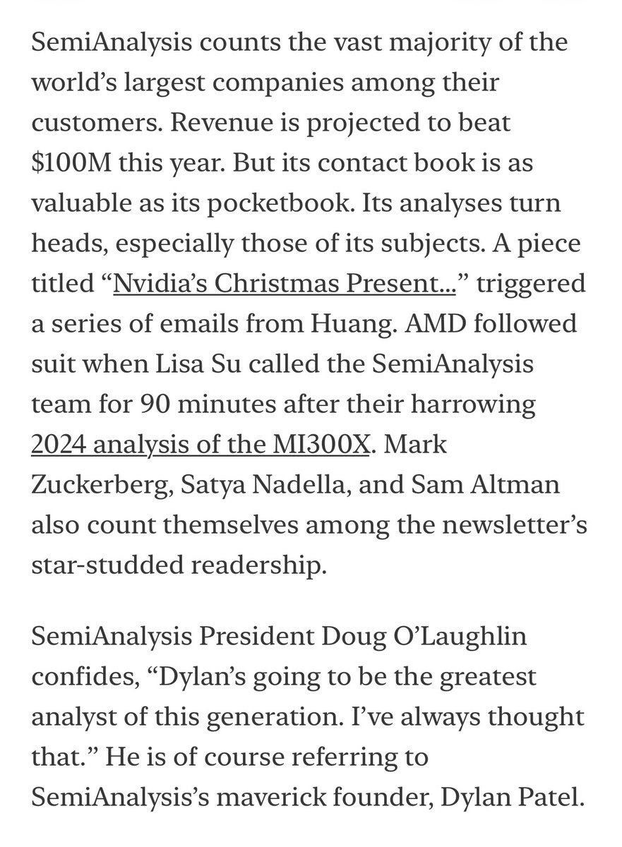 substratemag's tweet photo. In just a few years, @SemiAnalysis_ has risen to the forefront of AI infrastructure information, with their work referenced by some of of the biggest players in semiconductors. 

The prediction: "@dylan522p's going to be the greatest analyst of this generation." https://t.co/NT5Pzu7zw1