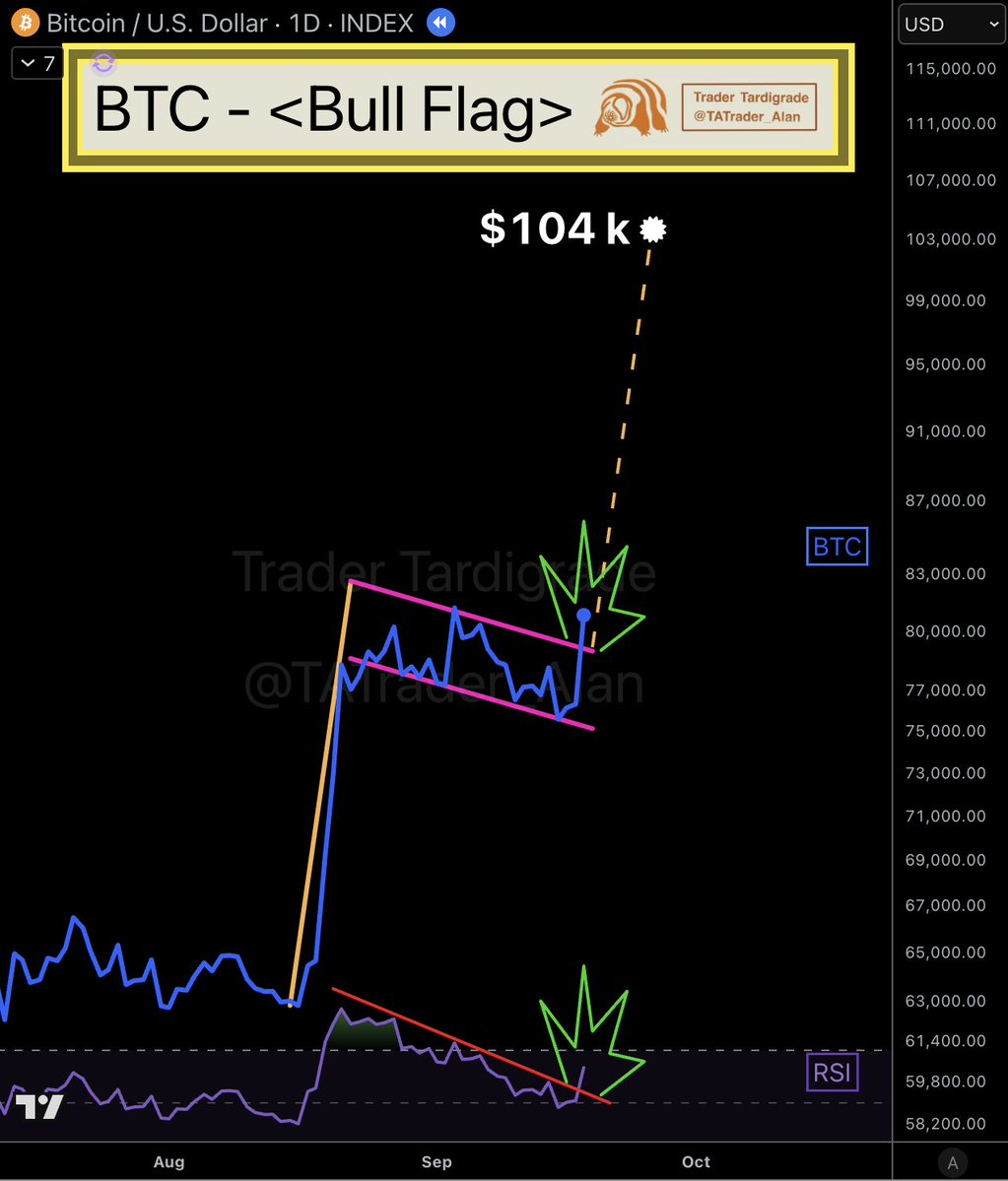 TATrader_Alan's tweet photo. $BTC/daily — Bull Flag Breakout 💥

#Bitcoin just closed above the Bull Flag resistance — breakout confirmed ✅

📊 Bull Flag structure complete
🎯 Target: $104k
🚀 RSI breaking descending trendline

✍️ The RSI breakout confirms momentum strength. When RSI breaks its resistance trendline alongside price breaking the pattern, it validates the move and signals continuation.

Target locked at $104k 🔥