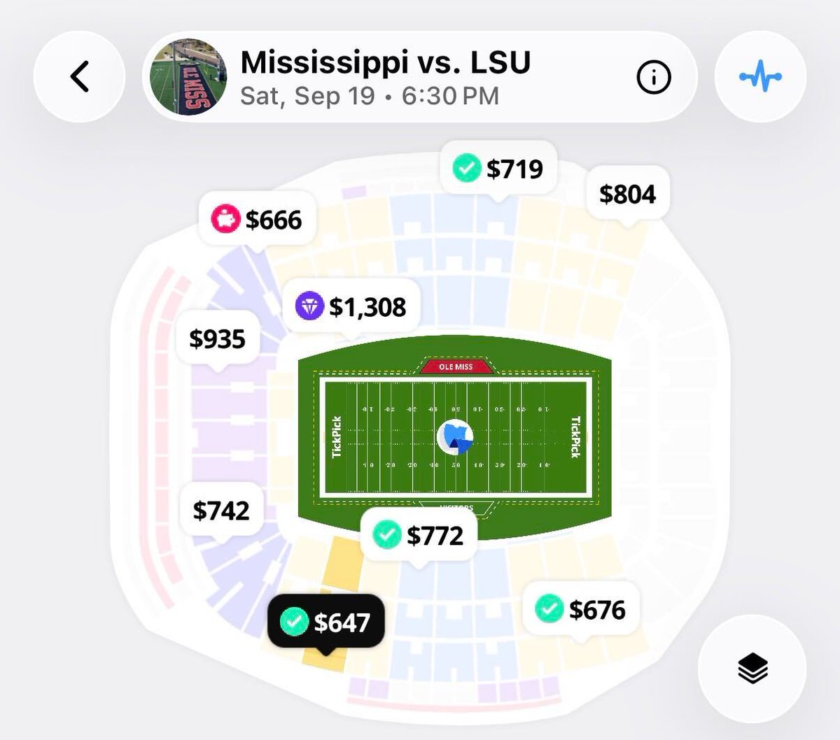 Kyle_Zorn's tweet photo. Demand for #7 LSU at #8 Ole Miss is surging

The cheapest ticket dropped to $450 yesterday — it’s now up to $647...

Just 1.2K tickets remain on @TickPick, and inventory is dropping quickly. https://t.co/PIUt5SE2CT