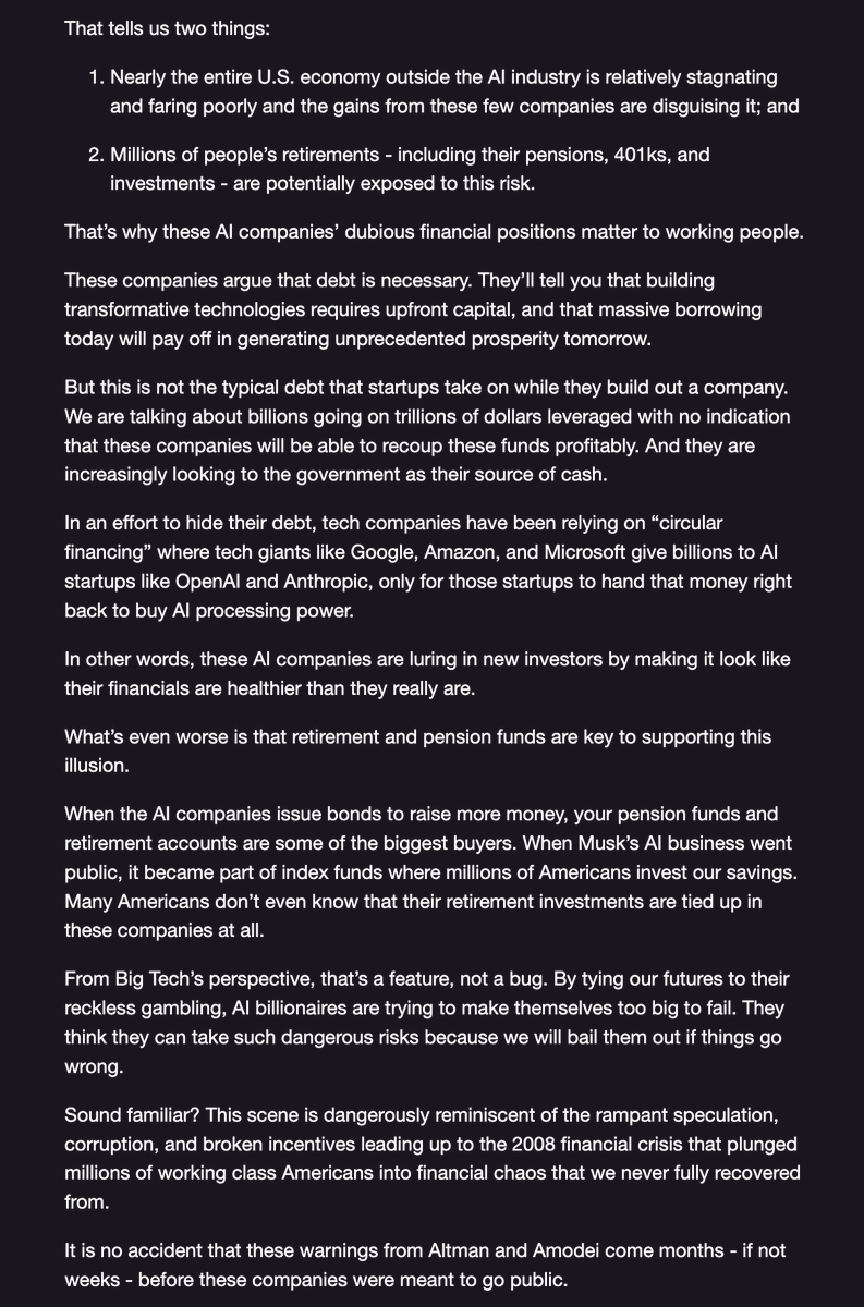 politics_watch1's tweet photo. AOC puts out long statement on AI: 

"Silicon Valley billionaires want us to believe that Al robots will destroy humanity. But the biggest threat to humanity are the tech oligarchs themselves." https://t.co/s5eglf5Pf9