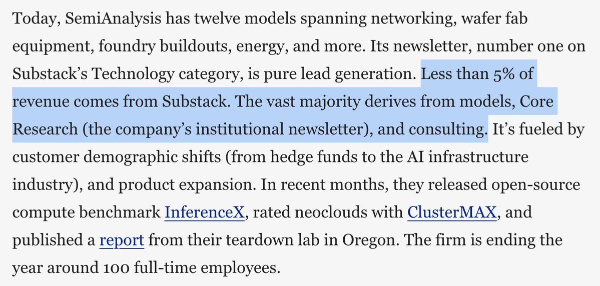 pequityresearch's tweet photo. I find it surprising that less than 5% of SemiAnalysis' revenue comes from Substack. They are incredibly popular...thought it would be higher. https://t.co/fA46hf8edp