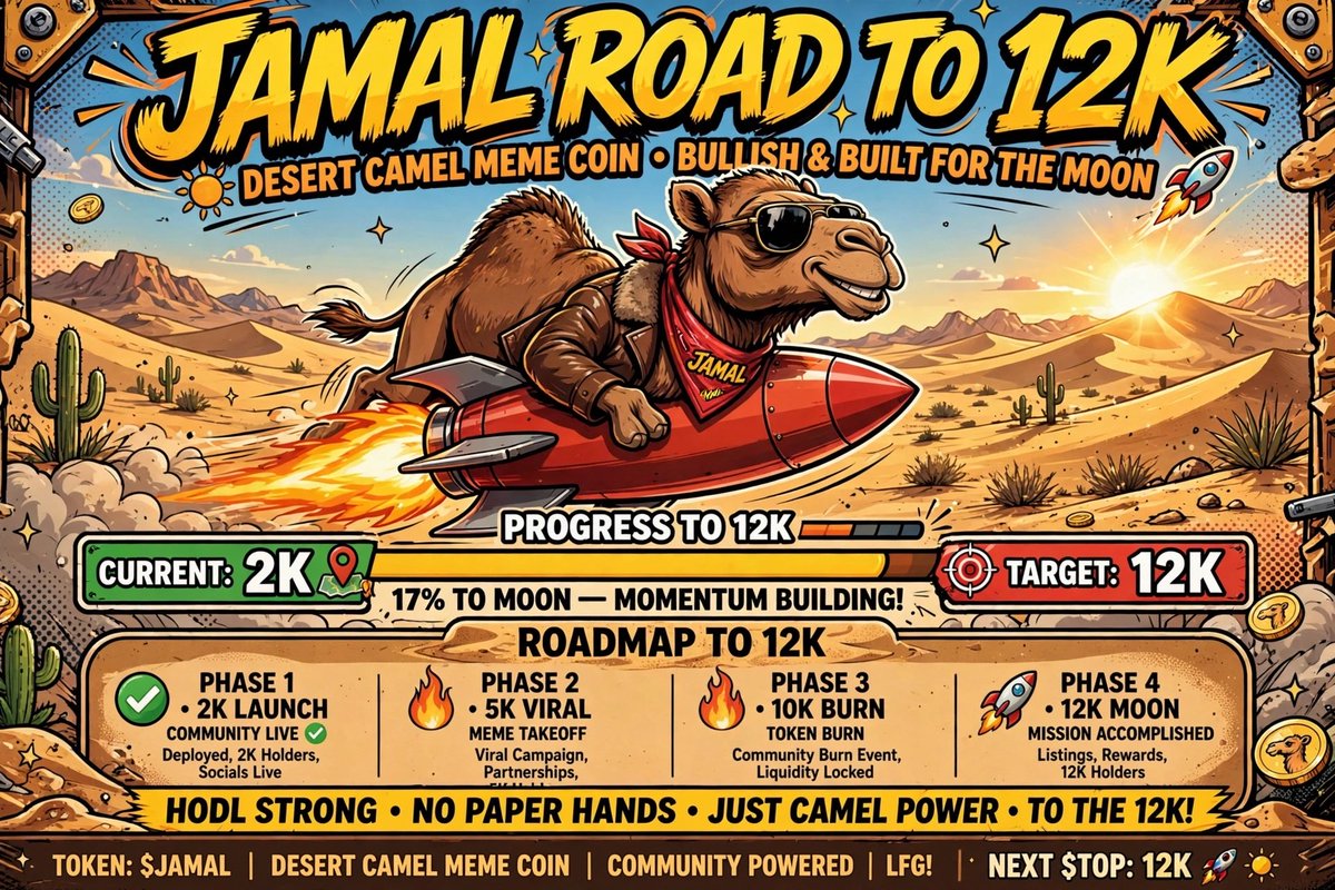 Jamalcoinsol's tweet photo. 🐪 JAMAL: $2K → $12K ROADMAP 🚀

We started in the desert with $250.
Now we are at $2K.

Next stops:
5K = VIRAL
10K = BURN
12K = MOON 🌙

17% there. Are you riding with us?

$JAMAL #Solana #MemeCoin https://t.co/zgUOIUTL8D