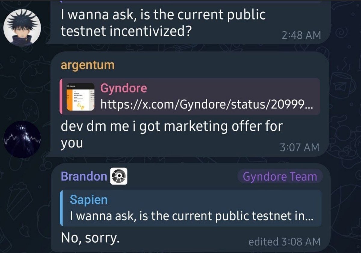 Harrajukut2's tweet photo. Gyndore no airdrop for testnet ? https://t.co/dZs2TisF9x