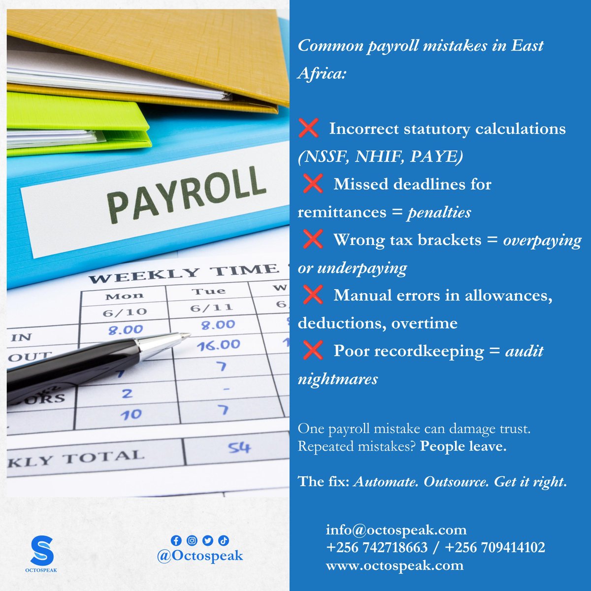 octospeak's tweet photo. Payroll errors can cost more than money, they can cost trust.
Avoid costly mistakes.
Automate. Outsource. Get it right.
#Octospeak #Payroll #Workforcemanagment https://t.co/E4dPiFd8TU