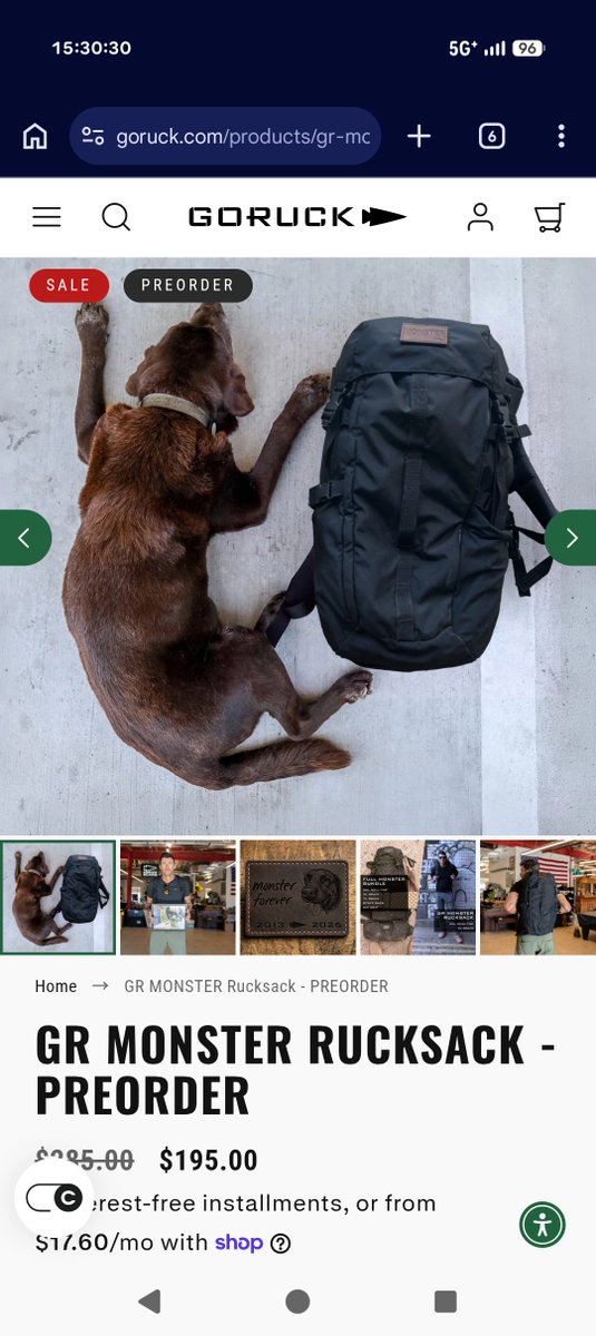 fumiso's tweet photo. GR MONSTER Rucksack - PREORDER
 $195.00
https://t.co/yzvo342WHn

195ドルまで割引されてるのでちょっと欲しくなってる。Passport Priority International $62.17 込みでトータル $257.17 約41000円。
送料もう少しお安くならないかな...  #GORUCK https://t.co/yPMiZnsC50