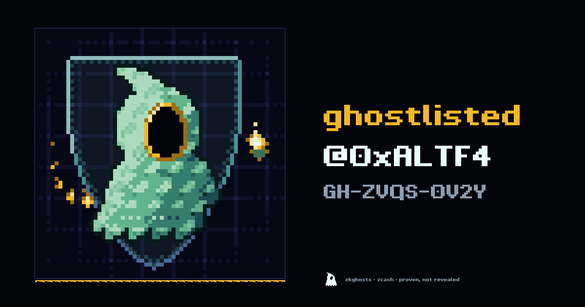 zkghostlist's tweet photo. @0xALTF4 is ghostlisted.

zkghost hides the face.

note GH-ZVQS-0V2Y https://t.co/ljUPa4xtIY