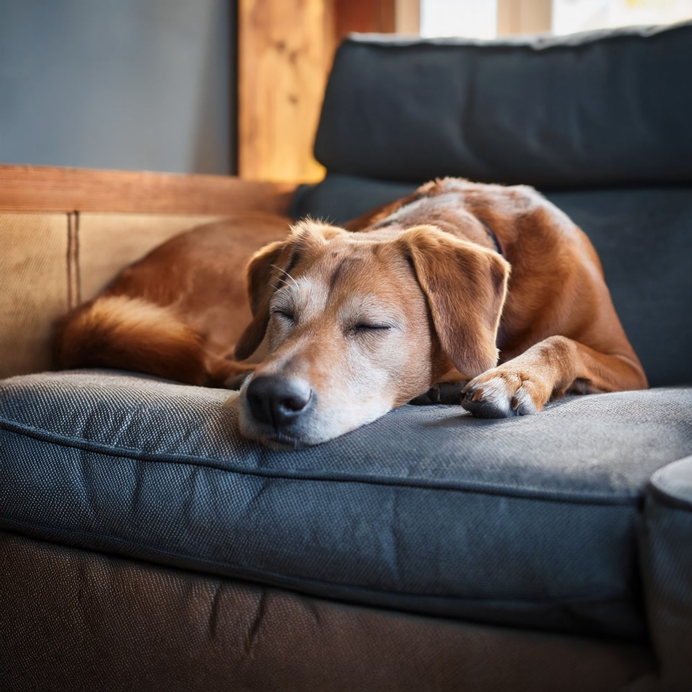 phoeu645282's tweet photo. My sleepy pup curled up on the couch while I work, making even boring work days warm and sweet. https://t.co/qzyjOOminv