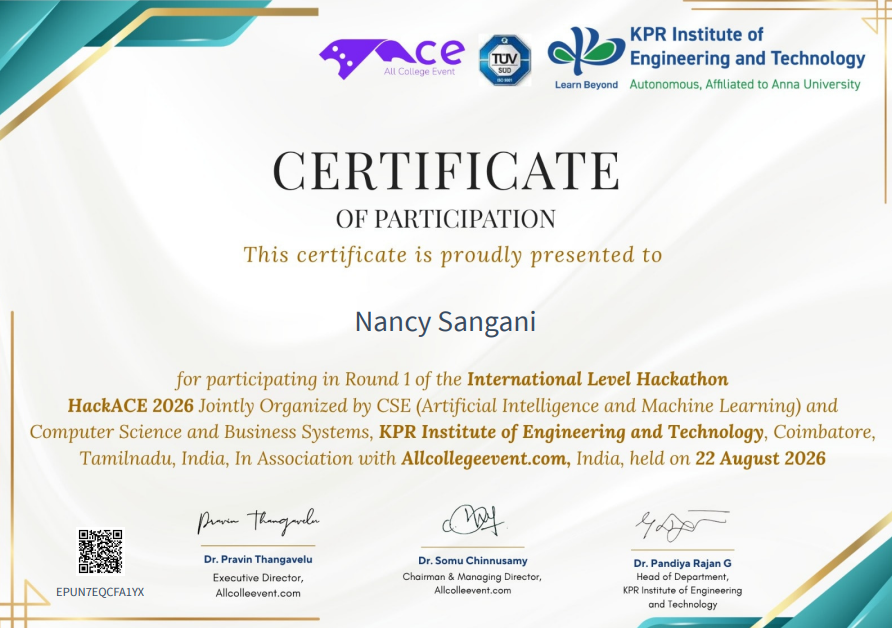 nancys0929's tweet photo. Thrilled to have participated in Round 1 of the International Level Hackathon, #HackACE2026! π Great experience diving into AI/ML and business systems solutions.Huge thanks to @KPRIETonline and AllCollegeEvent for organizing such an impactful event! π»β¨#Hackathon #AIML https://t.co/hhnqF01GU2