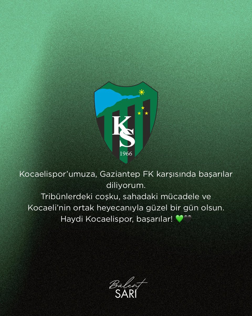 bulet_sari's tweet photo. Kocaelispor’umuza, Gaziantep FK karşısında başarılar diliyorum.

Tribünlerdeki coşku, sahadaki mücadele ve Kocaeli’nin ortak heyecanıyla güzel bir gün olsun.

Haydi Kocaelispor, başarılar! 💚🖤 https://t.co/zwwdSNKFmV