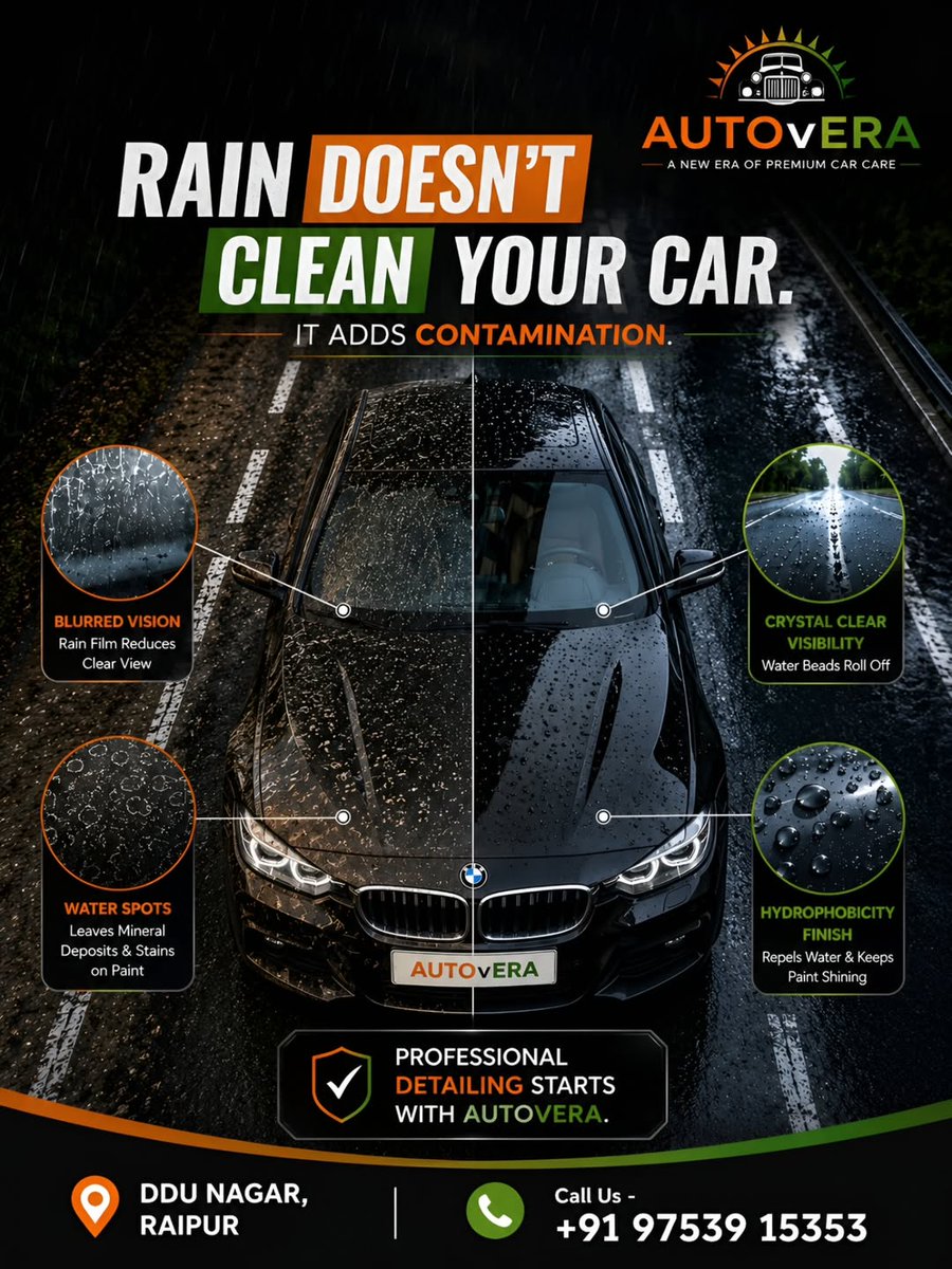 LynetteLemegu's tweet photo. Rain doesn’t clean your car—it adds contamination. AUTOVERA hydrophobic protection keeps your car shining, rain or shine. Raipur | +91 97539 15353 https://t.co/O1eR7WKB9F