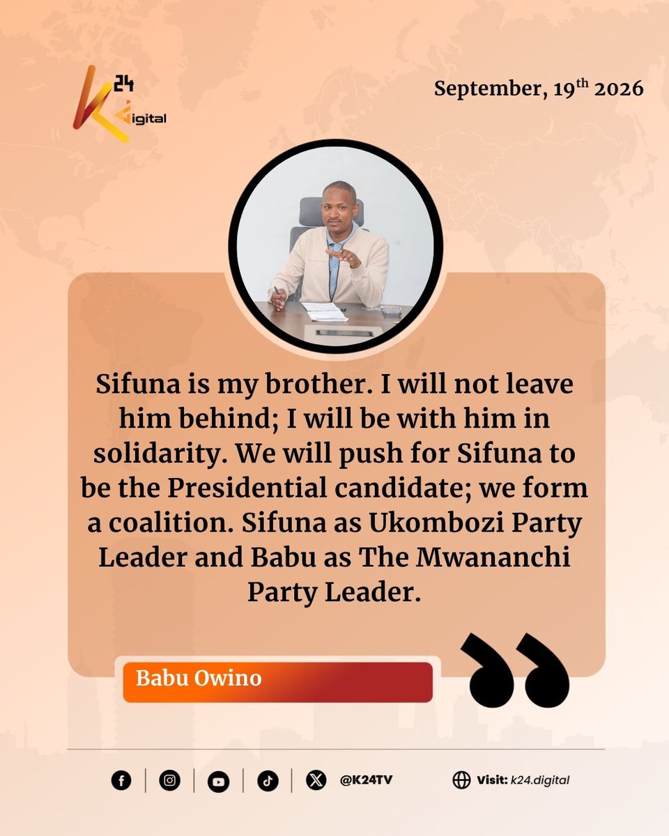 K24Tv's tweet photo. Babu Owino reveals why he won’t abandon Sifuna despite Linda Mwananchi 2027 party dispute

Read the full story here: https://t.co/vsQSsKQk11 https://t.co/dV7VBuv4a4