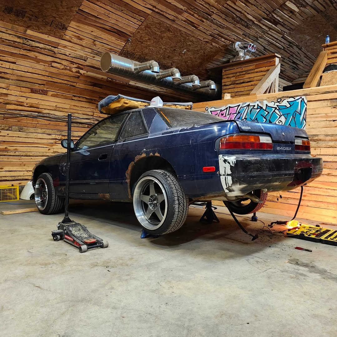 ArdellaHugkoy's tweet photo. More S13 progress! We pulled the rusty fuel tank, added HKS coilovers, headlights, fenders, rear bumper, and matching front wheels. Next up: clutch hydraulics to get this old girl moving again after nearly 10 years. https://t.co/V0rvoY6pBR