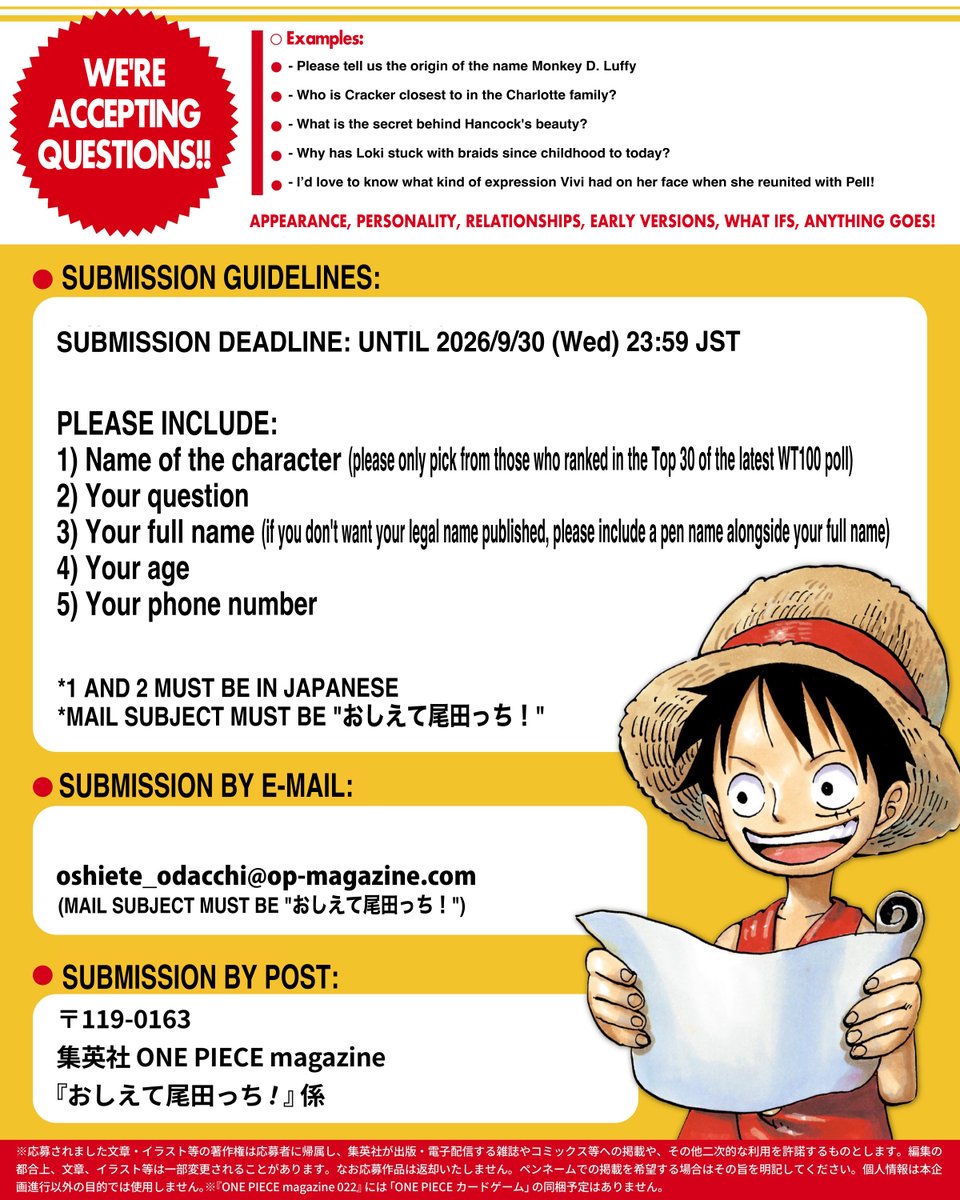 newworldartur's tweet photo. Oda is accepting questions for the Top 30 ranked characters in the Poll, this time via mail!! I translated the guidelines for your ease:

E-MAIL: oshiete_odacchi@op-magazine.com
MAIL SUBJECT MUST BE: おしえて尾田っち！
QUESTIONS MUST BE IN JAPANESE https://t.co/f7ZK5Wgmmb
