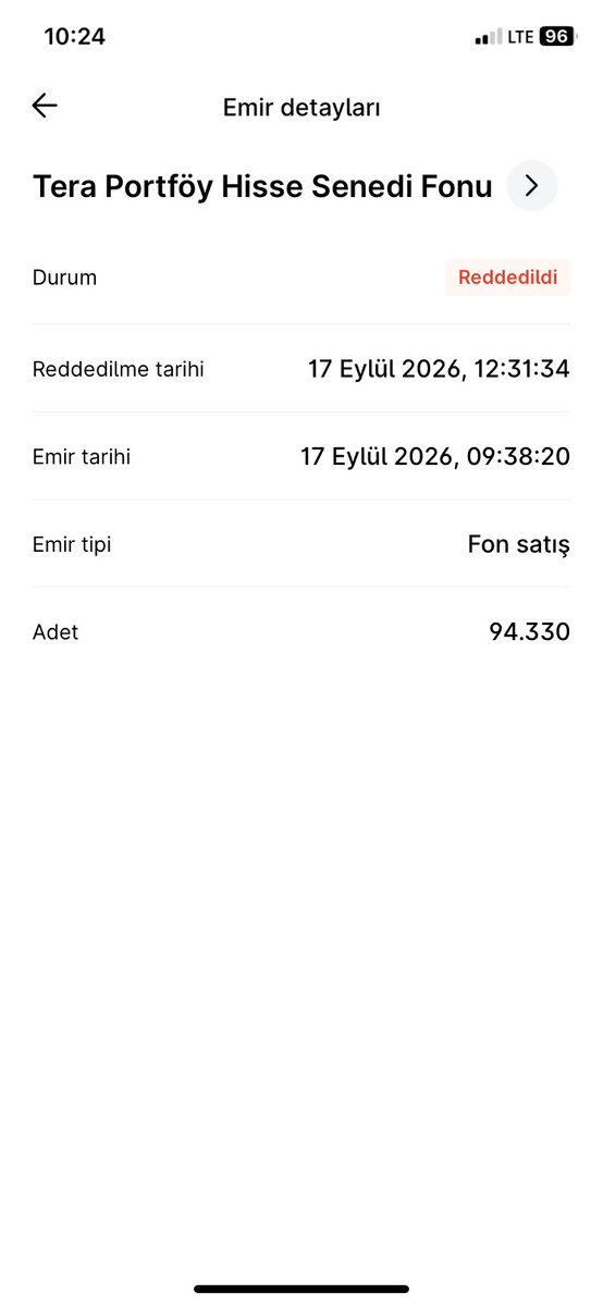 Erosborsa's tweet photo. 17/09/2026 saat 13:30 öncesi fon satış emrimi vermişim ve fon satış emrim alınmış daha sonrasında benim iradem dışında fon satış emrim red edilmiş yahu ben neden tasfiyenin içindeyim ben satış tuşuna basmışım nasıl red edersiniz              #midas                                                                                  #THF                                                                              #TeraFonMağdurları                                                  #SPK