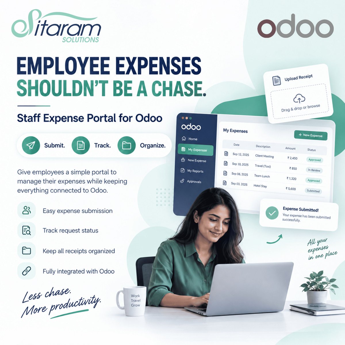 SitaramSolution's tweet photo. Submit and track employee expenses from the Odoo portal, without backend access. Keep submissions connected to the Expense workflow.
https://t.co/tONU9bEP8l
#SitaramSolutions #Odoo #ERP #OdooPartner #OdooServices #ExpenseManagement #EmployeeExpenses #EmployeePortal #OdooExpenses https://t.co/EFbLPYvRR2