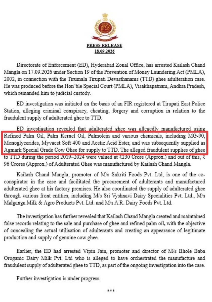 zoo_bear's tweet photo. Hello @PawanKalyan, After the CBI special investigation team filing a chargesheet in the Tirumala laddu case. Even the Enforcement Directorate (ED) has now named six adulterants and various other chemicals which were used to adulterate ghee. But NONE OF THE ADULTERANTS WERE ANIMAL FATS.
It clearly found no evidence of animal fat (no pork, beef, or fish oil) despite the claims you and your NDA government aggressively pushed. A lie was sold in the name of faith, You played with people’s faith and spread a falsehood, outrage was manufactured, and devotees were misled. Will you take responsibility and apologise for spreading dangerous misinformation on a matter of faith or is accountability only for others?
