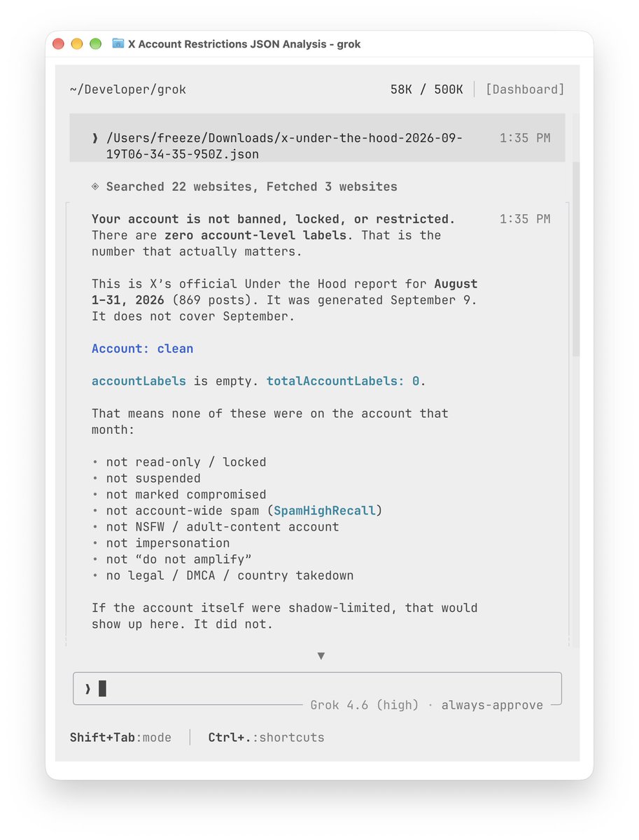 XFreeze's tweet photo. Download your 𝕏 “Under the Hood” report and drop it into Grok Build, the Grok app or Grok Bot

It’ll clearly explain what all the labels mean....whether anything is affecting your account or reach, and whether any of your posts were withheld in a country because of government or legal requirements