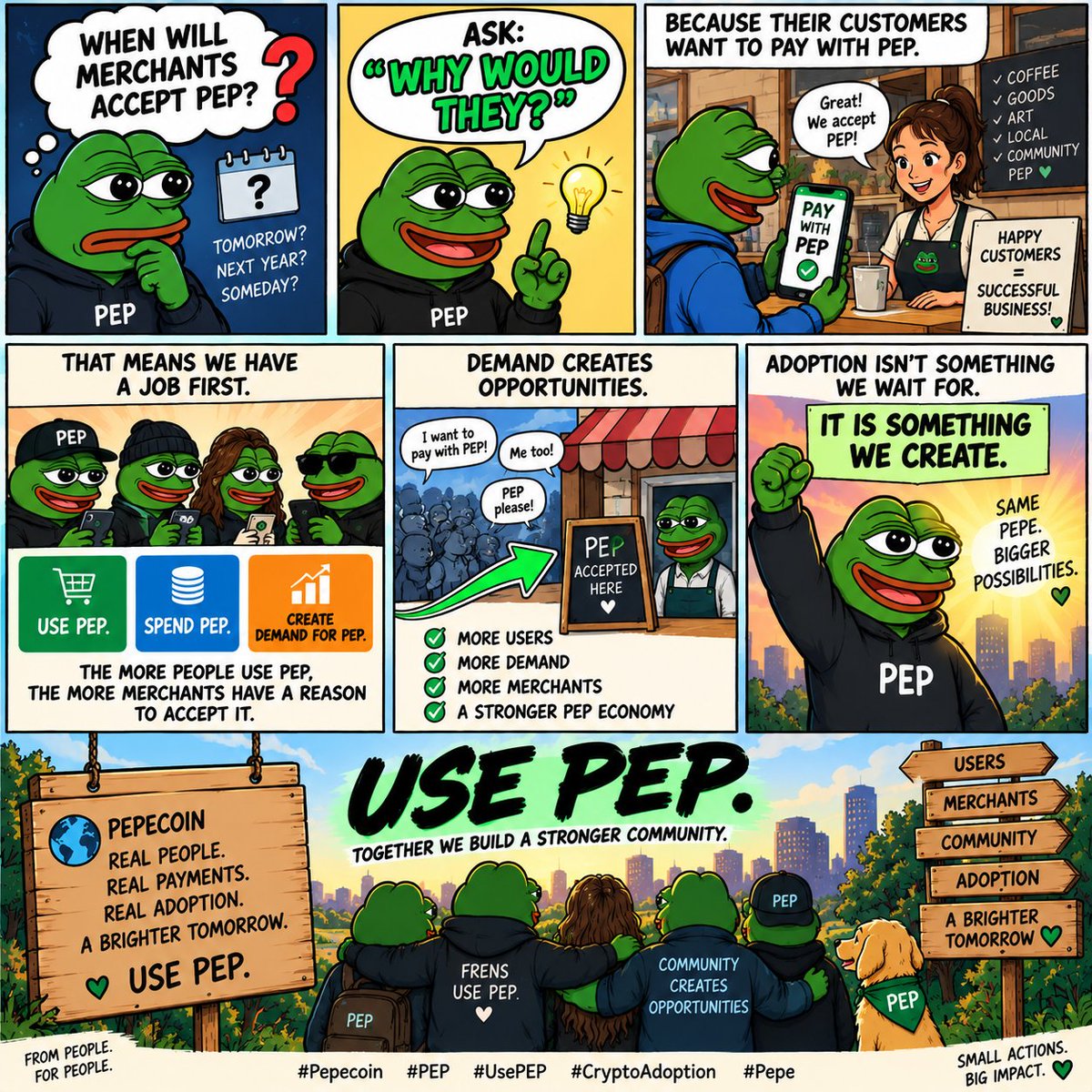 rnschering's tweet photo. ๐ธ DONโT ASK: โWHEN WILL MERCHANTS ACCEPT PEP?โ
Ask:
โWHY WOULD THEY?โ
Because their customers want to pay with PEP.
That means we have a job first.
#UsePEP .
Spend PEP.
Create demand for PEP. https://t.co/M2qHVVTOI7