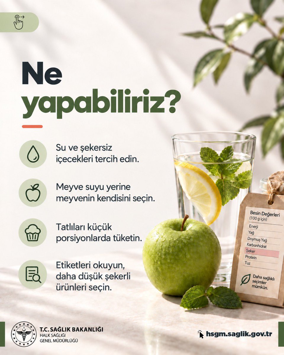halksagligigm's tweet photo. 19–25 Eylül Dünya Şeker Tüketimine Dikkat Haftası 🍬

Günlük beslenmemizde fark etmeden tükettiğimiz şeker miktarı düşündüğümüzden fazla olabilir. Şeker tüketiminize dikkat edin, sağlığınızı koruyun. Fazla şeker tüketimi; obezite, tip 2 diyabet ve diş çürükleri başta olmak üzere birçok sağlık sorunu için risk oluşturabilir.

🥛 Etiketleri okuyun.
🍎 Şekerli atıştırmalıklar yerine sağlıklı alternatifleri tercih edin.
💧 Şekerli içecekler yerine su tüketin.
🥗 Dengeli ve yeterli beslenmeyi yaşam tarzı hâline getirin.

#DünyaŞekerTüketimineDikkatHaftası #ŞekereDikkat #SağlıklıBeslenme #DengeliBeslenme #SağlıklıYaşam #HalkSağlığı #Sağlığınızİçin
