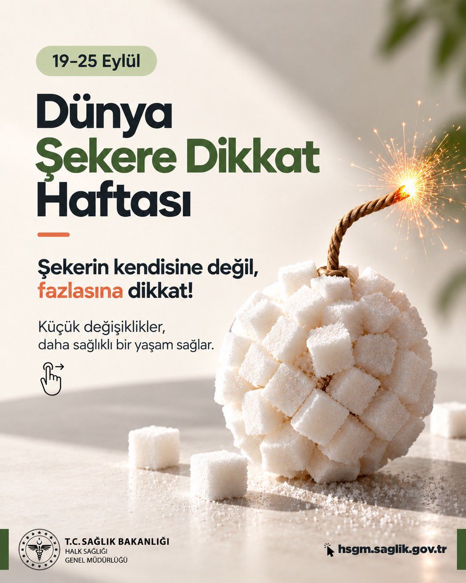 halksagligigm's tweet photo. 19–25 Eylül Dünya Şeker Tüketimine Dikkat Haftası 🍬

Günlük beslenmemizde fark etmeden tükettiğimiz şeker miktarı düşündüğümüzden fazla olabilir. Şeker tüketiminize dikkat edin, sağlığınızı koruyun. Fazla şeker tüketimi; obezite, tip 2 diyabet ve diş çürükleri başta olmak üzere birçok sağlık sorunu için risk oluşturabilir.

🥛 Etiketleri okuyun.
🍎 Şekerli atıştırmalıklar yerine sağlıklı alternatifleri tercih edin.
💧 Şekerli içecekler yerine su tüketin.
🥗 Dengeli ve yeterli beslenmeyi yaşam tarzı hâline getirin.

#DünyaŞekerTüketimineDikkatHaftası #ŞekereDikkat #SağlıklıBeslenme #DengeliBeslenme #SağlıklıYaşam #HalkSağlığı #Sağlığınızİçin