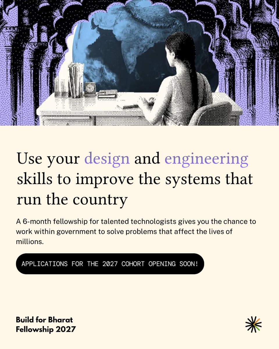 Bharat_Digital_'s tweet photo. The problems with #govtech can be easy to spot, but hard to fix.

A 6-month fellowship mentors and places talented technologists in govt to work on India’s toughest public technology challenges. Applications open next month.

Build for Bharat Fellowship 2027. Keep an eye out! https://t.co/Mos5Pg1b7R