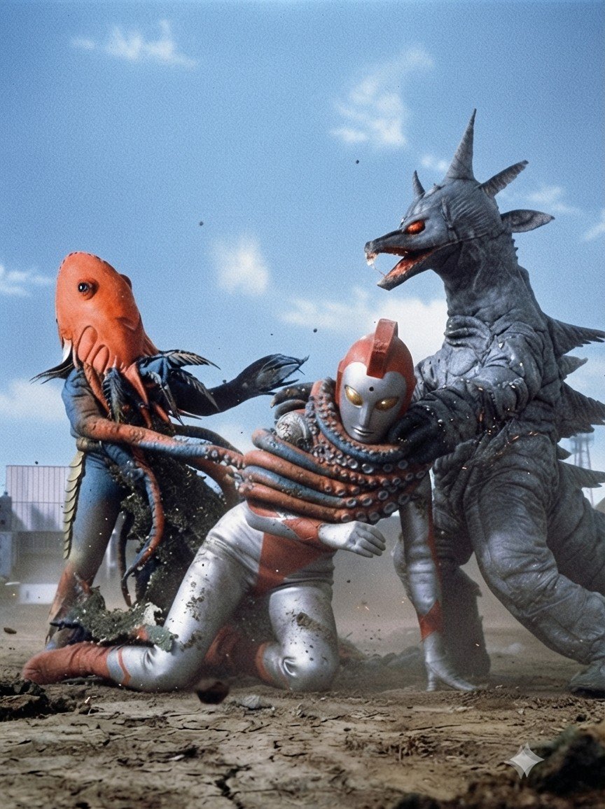 naomaru1986's tweet photo. 昼前にUPした。
怪獣達でユリアンを、襲撃してみた！
(２枚目から、なぜかドラゴリーがメトロン星人Jrに吸収され、メトロンがパワーUPしてます😓) https://t.co/tQU7WEJvM8
