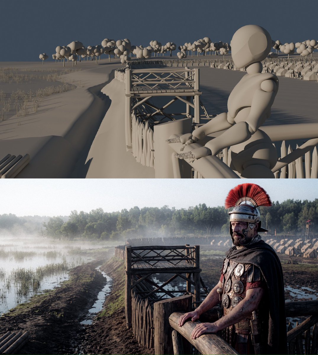 Benwgrimes's tweet photo. Used ChatGPT Astra to block out a Roman legionary camp in blender to use as a clay render to enhance with AI. The Centurion was created with Nanobanana and ChatGPT image 2.5 https://t.co/oKiHSOP7Z5