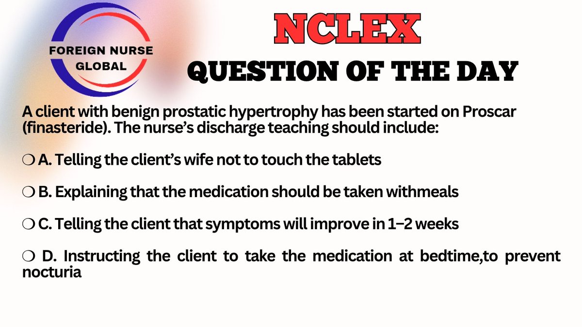 foreignnurseglb's tweet photo. LET'S ATTEMPT NCLEX QUESTION TODAY....
SEND IN YOUR ANSWERS.....
THE CORRECT ANSWER WILL BE POSTED LATER.....
#FNG #foreignnurseglobal #nclexreview #nclexsurepass #nclexmadeeasy #nclexpass #NCLEX #NCLEX_RN #nclexprep #nclexquestions #nclexstudy #nclextips #USRN #nclexpreparation https://t.co/YBwGSivqf5