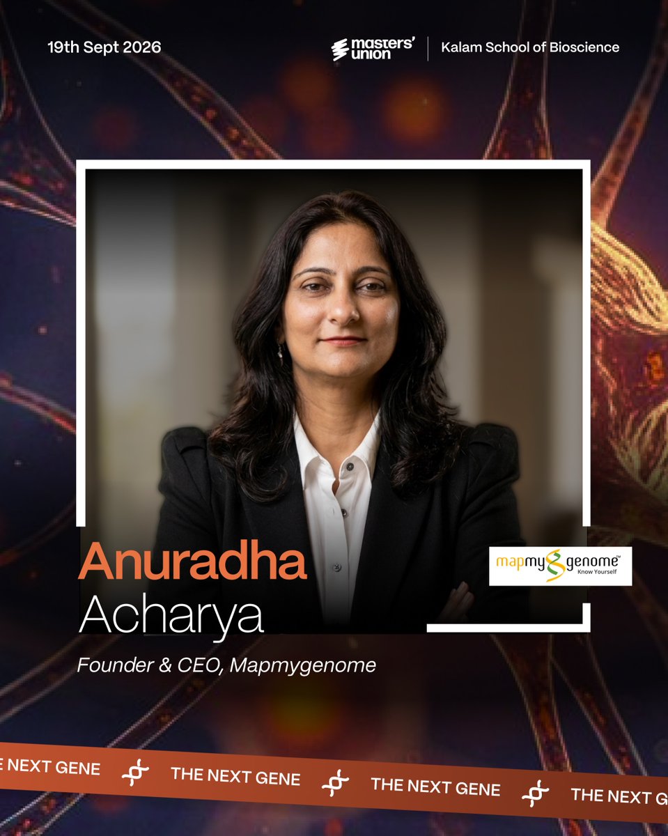 mapmygenome's tweet photo. Longevity Starts with You.

Join MapmyGenome - Know Yourself at @TheNextGene | @Masters' Union.
We are thrilled to be at The Next Gene, hosted by the Kalam School of Bioscience (Masters' Union)!

🎤 Speaker Spotlight: Anuradha Acharya

Catch Anuradha Acharya, Founder & CEO of Mapmygenome and a leading trailblazer in genomics, live on stage! She will be sharing actionable insights on how genetic intelligence is revolutionizing healthcare and shifting the focus toward personalized, preventive care.

📍 Visit the Mapmygenome Booth