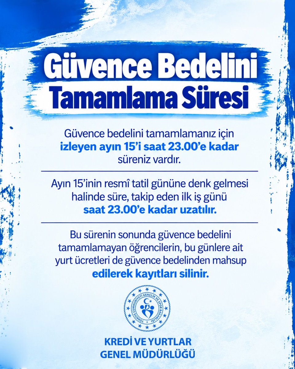 GSB_KYGM's tweet photo. Sevgili Öğrencilerimiz,

Yurt ücreti ödeme sürecine ilişkin bilgileri kontrol etmeyi ve ödemenizi belirtilen süre içinde tamamlamayı unutmayın.

#GSBYanımda #KYGMSeninle https://t.co/osjH3TqLig
