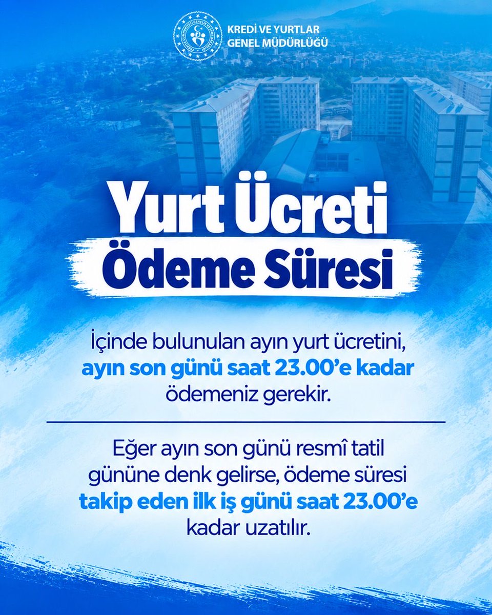 GSB_KYGM's tweet photo. Sevgili Öğrencilerimiz,

Yurt ücreti ödeme sürecine ilişkin bilgileri kontrol etmeyi ve ödemenizi belirtilen süre içinde tamamlamayı unutmayın.

#GSBYanımda #KYGMSeninle https://t.co/osjH3TqLig