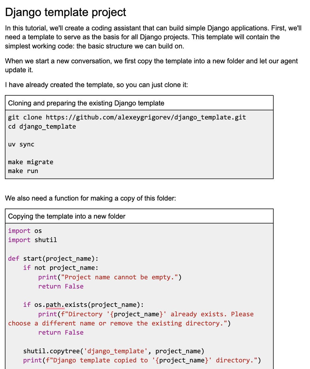 A tutorial outlines steps to clone a Django template, including commands for setup, migration, and running a project.