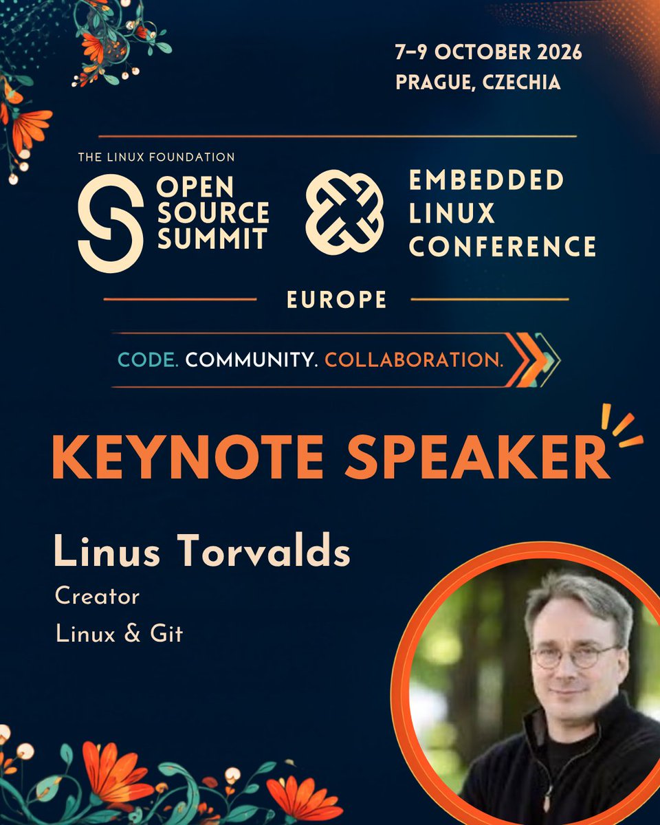 linuxfoundation's tweet photo. Linus Torvalds. Live in Prague. 🎤

Hear from the creator of Linux &amp; Git at #OSSummit + #EmbeddedLinux Conference Europe, 7-9 October, and be there for one of the conversations you won't want to miss.

⏰ Just 3 days left to register and save €250: https://t.co/mUeu6IhWO5 https://t.co/U5h98TpmuM