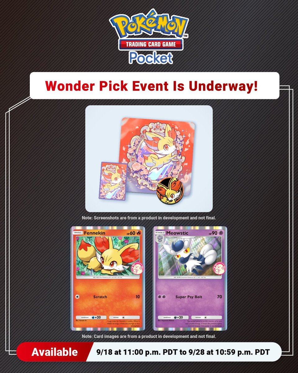 AaseTanjiro's tweet photo. A new Wonder Pick Event has started through which you can obtain promo cards of Fennekin and Meowstic 🔮

You can also complete missions to obtain adorable Fennekin accessories 🔥 https://t.co/uN7mmjVIRW
