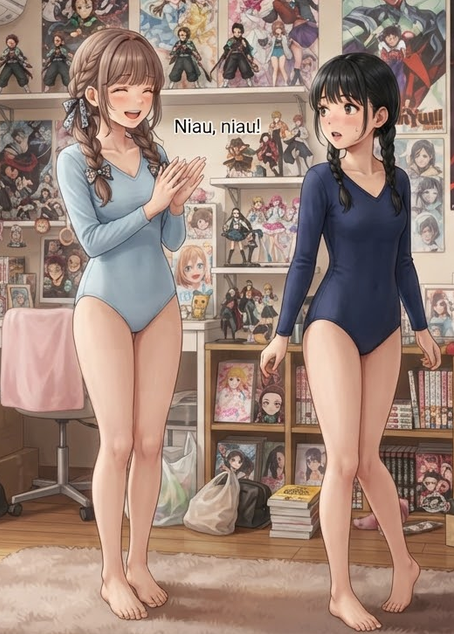 UniLabo3535's tweet photo. 今日は麻友ちゃんに、乙女ちゃんが授業で使っているレオタード着てもらいました。麻友ちゃんは初めて着たようです。#レオタード https://t.co/TfwkstIU7n