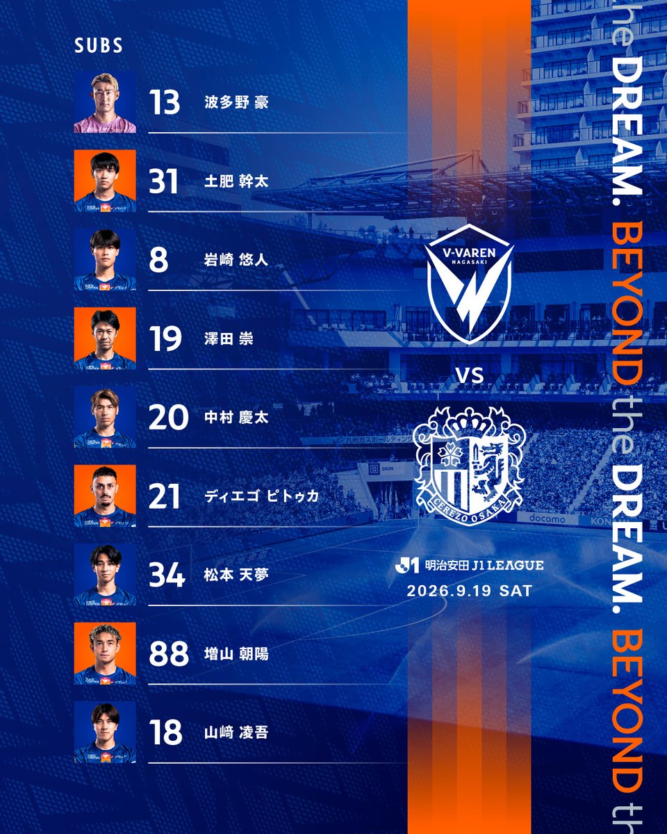 v_varenstaff's tweet photo. 🔷-𝙎𝙏𝘼𝙍𝙏𝙄𝙉𝙂 𝙓𝙄-🔶

vs #セレッソ大阪 ⚔️
スターティングメンバー発表!!🔷🔶

試合中継は #DAZN (@DAZN_JPN)📲
#vvaren #BEYONDtheDREAM #Jリーグ https://t.co/zPEz15m9FK