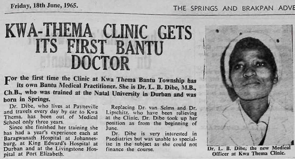 HistorySAZAR's tweet photo. A newspaper clipping from 1965 profiles the first Black medical doctor at Kwa Thema clinic, Dr L B Dibe. Source: Springs - A History of A Gold Town https://t.co/09e2IbD4Dv