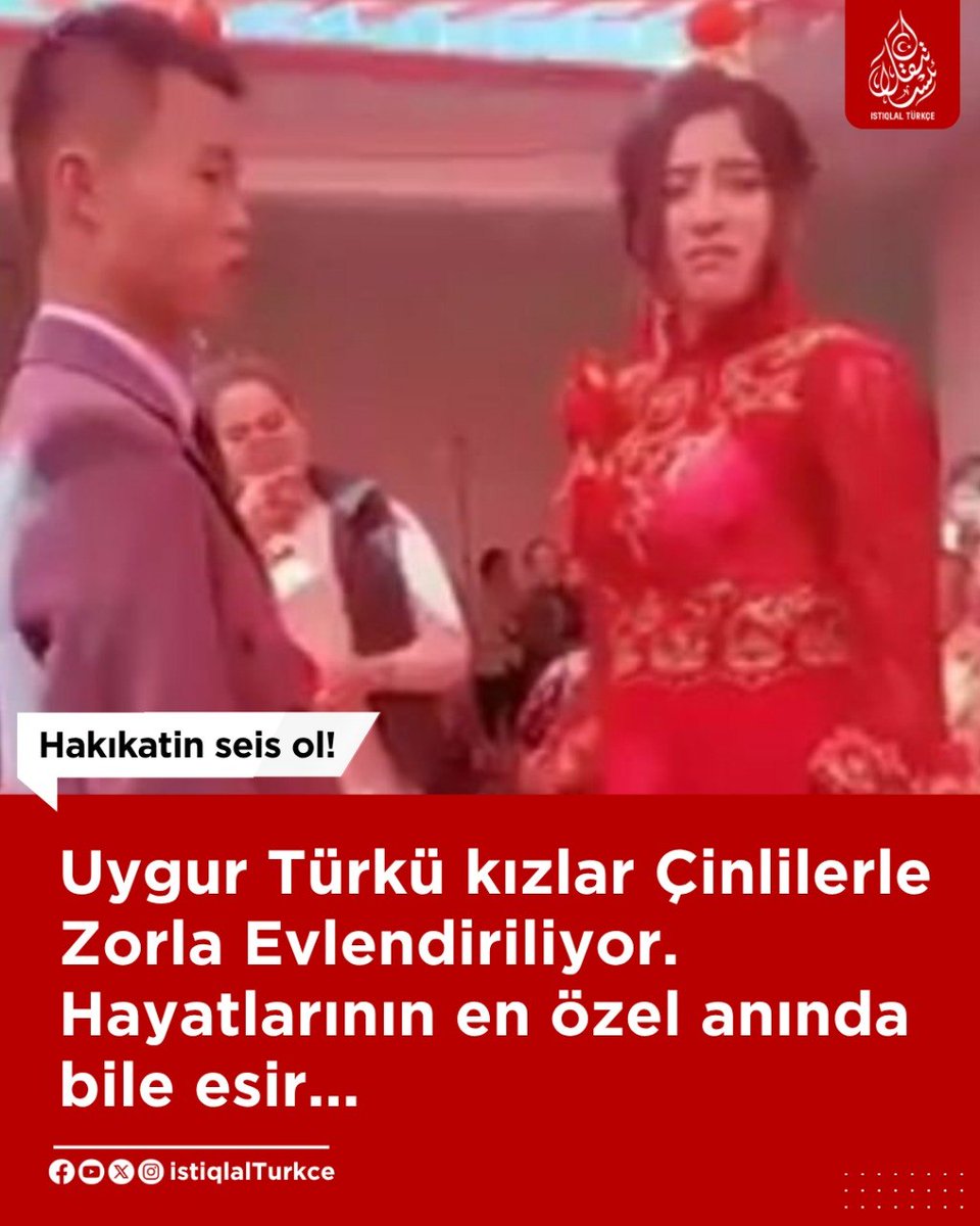 IstiqlalTurkce's tweet photo. 👉 “Bu fotoğraf, dünyanın görmezden geldiği en büyük 21. yüzyıl soykırımını açığa çıkarıyor…
Uygur Türkü kızlar Çinlilerle zorla evlendiriliyor.
Hayatlarının en özel anında bile esir...
❗ Konu Çin olunca bu zulüm neden konuşulmuyor?”
#Uygur #Soykırım #DoğuTürkistan #Adalet #SessizÇığlık #Unutma