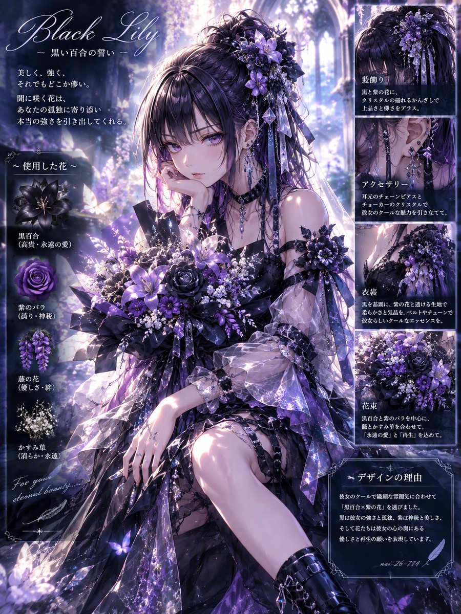 nai_Reality0714's tweet photo. #无プロンプト 
あなたのキャラに咲く花（トータルコーデ）
画像1枚でオリジナル衣装＆ブーケをつくろー
あなたのキャラから連想した、あなただけの花と衣装をつくります
 #AIArt  #プロンプト配布 
↓プロンプト全文はnote記載です(ᵗ❦͙ˢᴗ͈ˬᴗ͈)
https://t.co/JfgWFXCV6D https://t.co/sePYRktIjQ